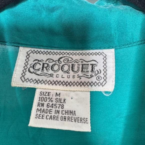 Vintage Croquet Club Women’s Teal 100% Silk Button Down / Button Up Blouse, Sz M - Picture 2 of 6